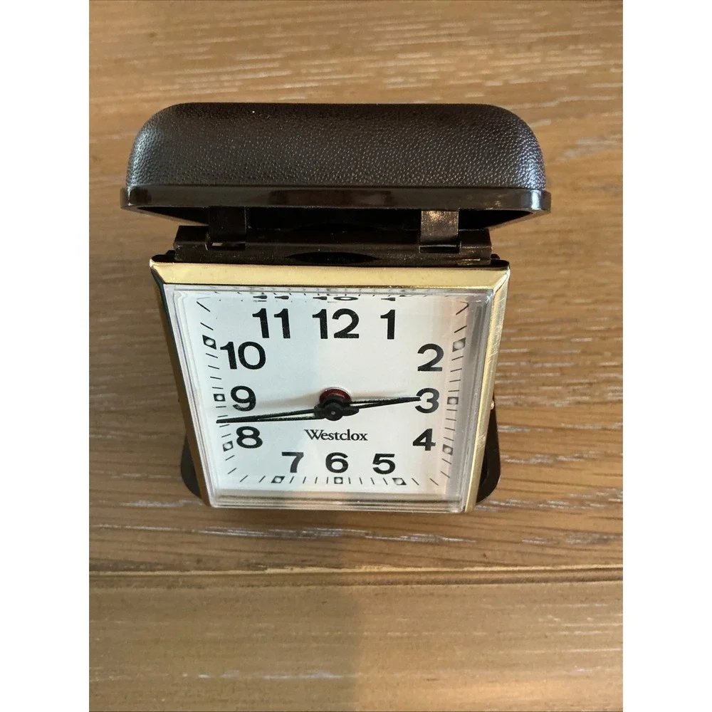 Vintage Westclox Folding Portable Travel Alarm Brown Hard Shell Case And Working